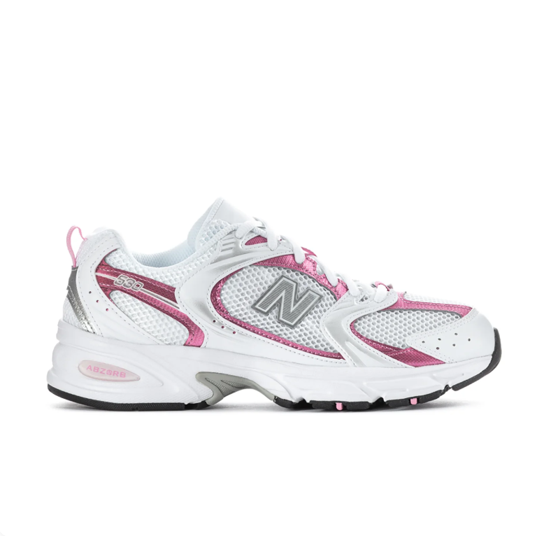 New Balance 530 White Mesh Sneakers with Metallic Pink Accents