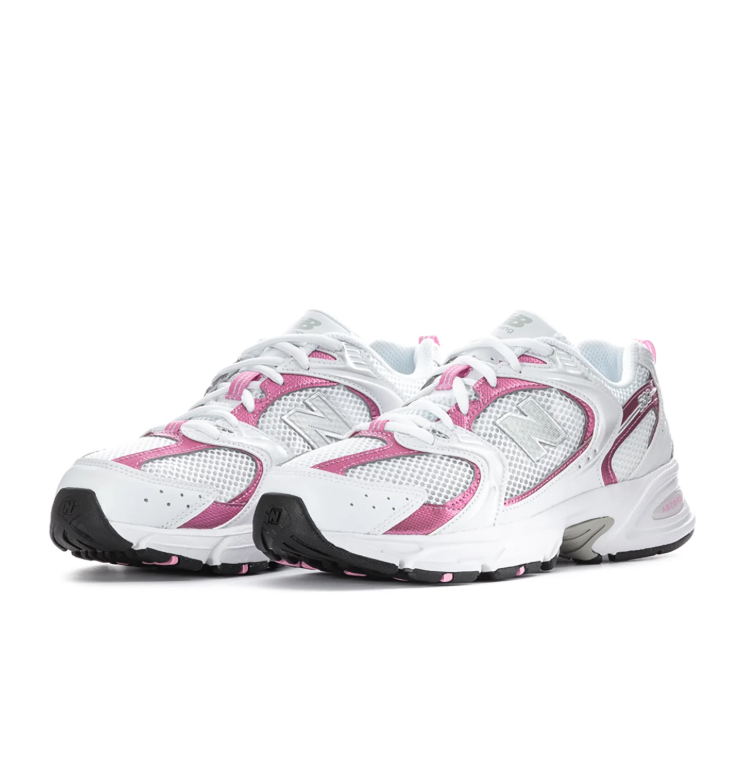 New Balance 530 White Mesh Sneakers with Metallic Pink Accents