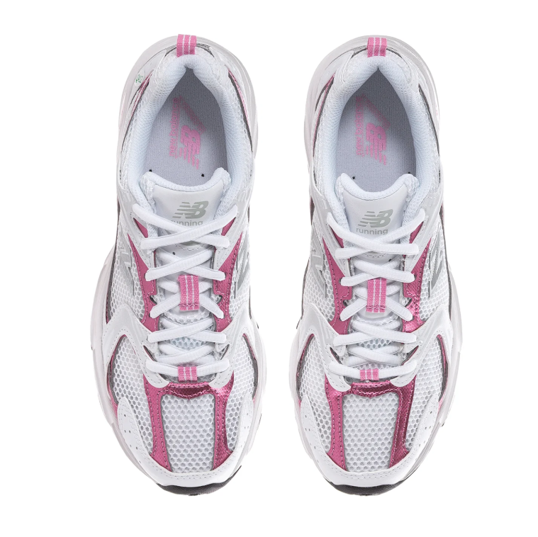 New Balance 530 White Mesh Sneakers with Metallic Pink Accents