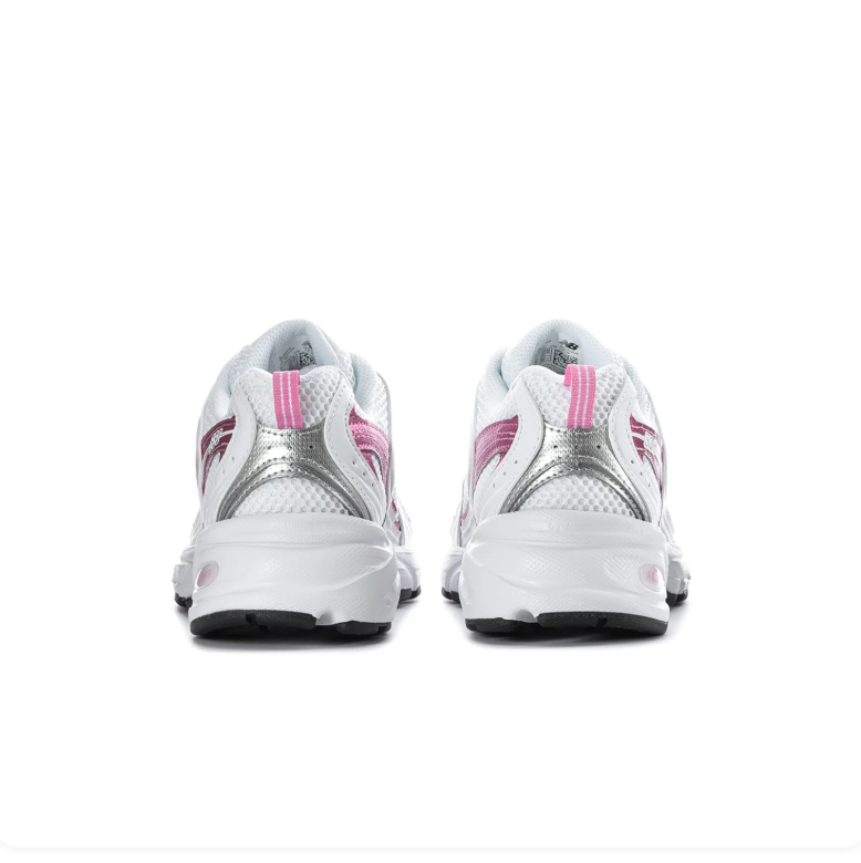 New Balance 530 White Mesh Sneakers with Metallic Pink Accents