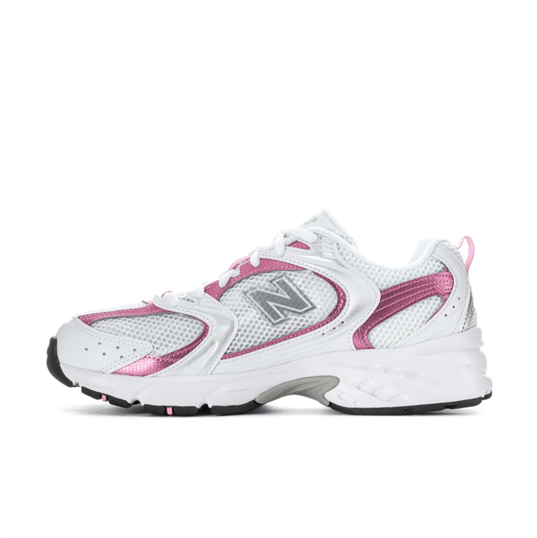 New Balance 530 White Mesh Sneakers with Metallic Pink Accents