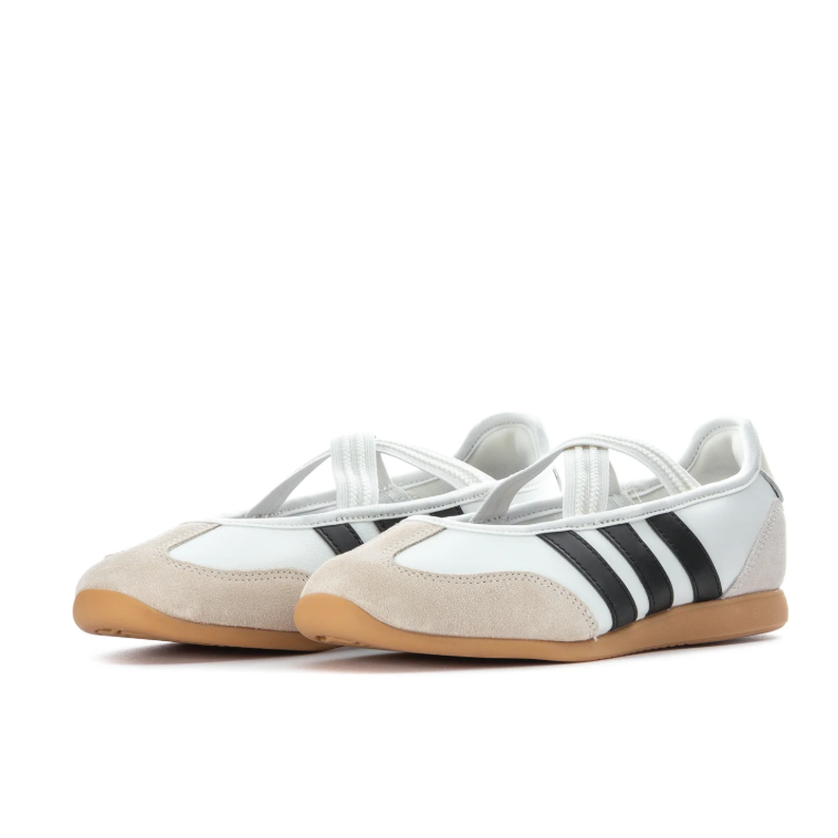 adidas White Cross-Strap Ballet Flats with Black Stripes and Gum Soles