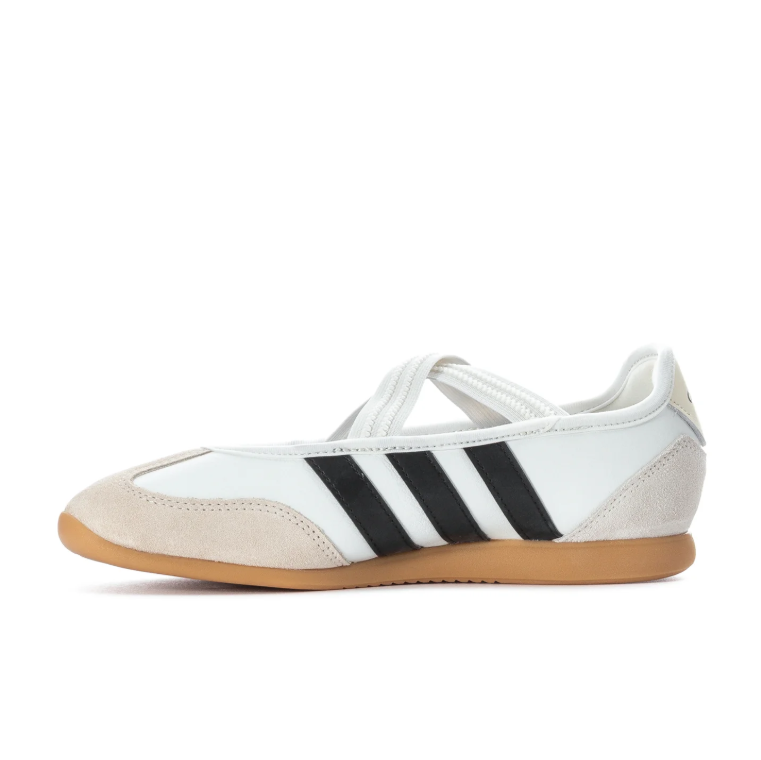 adidas White Cross-Strap Ballet Flats with Black Stripes and Gum Soles