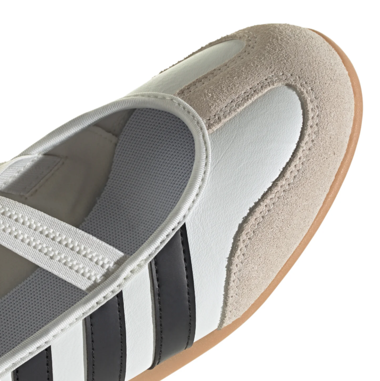 adidas White Cross-Strap Ballet Flats with Black Stripes and Gum Soles