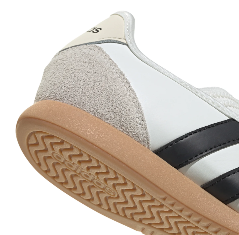 adidas White Cross-Strap Ballet Flats with Black Stripes and Gum Soles